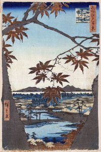 "One Hundred Famous Views of Edo" (Tóquio actual): O bordo sai em Mama com o Santuário de Tekona e a Ponte Tsugi. Folhas de Bordo e o Santuário e Ponte de Tekona em Mama (Cem Vistas Famosas de Edo). Impressão japonesa de Ando or Utagawa Hiroshige