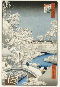 Drum Bridge e "Setting Sun" Hill, Meguro, da série "Cem vistas de lugares famosos em Edo", publicada em 1858