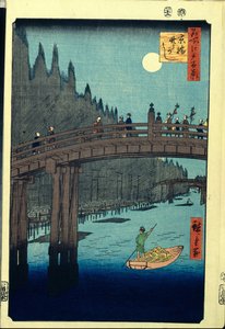 Impressão em xilogravura japonesa: The Bamboo Wharf da ponte Kyobashi (Tóquio, Japão). Série cem vistas famosas de Edo. (Bamboo Quay pela ponte Kyobashi, cem vistas famosas de Edo). Obra de Utagawa Hiroshige (1797-1858), xilogravura (39x26 cm) de Ando or Utagawa Hiroshige