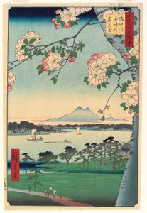 Floresta do santuário Suijin e Masaki no rio Sumida, 1856, 8º mês
