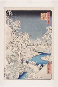 Meguro Drum Bridge e Sunset Hill (Meguro Taikobashi Y?hinooka) (impressão em bloco de madeira a cores) de Ando or Utagawa Hiroshige