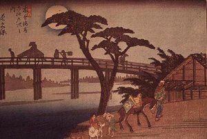 Moonlight over Nagacubo, c.1840 (impressão em bloco de madeira a cores em formato horizontal yoko-e) de Ando or Utagawa Hiroshige