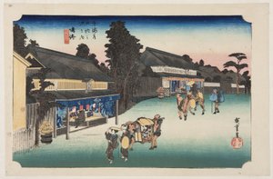 Narumi: Famoso tecido tingido de Arimatsu (Narumi, meibutsu Arimatsu shibori) (estampado em bloco de madeira colorido) de Ando or Utagawa Hiroshige