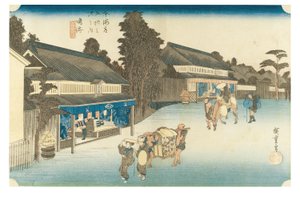 Narumi: Famoso tecido Arimatsu tingido com laço da série As Cinquenta e Três Estações do Tokaido, c.1831-1834 (xilogravura sobre papel) de Ando or Utagawa Hiroshige