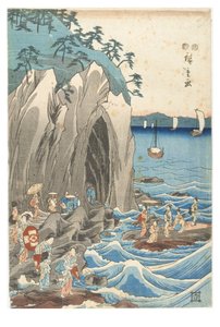 Peregrinação à exposição da estátua de Benzaiten no santuário principal de Iwaya em Enoshima na província de Sagami, c.1847-1852 (xilogravura sobre papel) de Ando or Utagawa Hiroshige