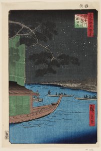 Pinho do Sucesso e Oumayagashi, Rio Asakusa (Asakusagawa Shubi no matsu Oumayagashi) (impressão em bloco de madeira colorida) de Ando or Utagawa Hiroshige