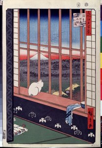 Série ""As cem vistas famosas de Edo"": ""Os campos de arroz de Asakusa durante o festival do galo, um gato sentado no peitoril da janela"" (Um gato sentado no assento da janela) Gravura de Utagawa Hiroshige (1797-1858) ) Museu Pushkin Moscou do século XIX de Ando or Utagawa Hiroshige