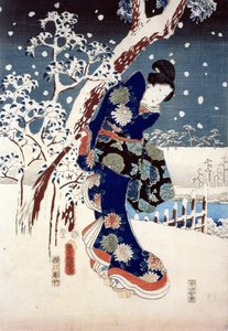 Cena de neve no jardim de um Daimio, parte do Triptych (serigrafia) de Ando or Utagawa Hiroshige