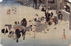 Estação 23, Fujieda (impressão em bloco de madeira a cores) de Ando or Utagawa Hiroshige