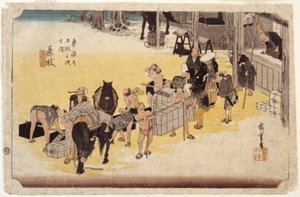 Estação 23, Fujieda (impressão em bloco de madeira a cores) de Ando or Utagawa Hiroshige