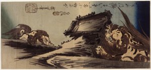 Dois Leões numa Falésia (impressão a cores em bloco de madeira) de Ando or Utagawa Hiroshige