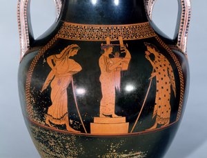 Ânfora ática de figuras vermelhas retratando uma citharede tocando em uma competição musical, c.525-520 aC (cerâmica) de Andokides Painter