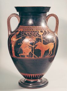 Ânfora de barriga de figura vermelha ática representando Herakles capturando Kerberus, grego, de Atenas, século 6 aC (cerâmica)