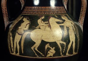 Ânfora de figuras brancas do sótão representando amazonas se preparando para a batalha, c.525-520 aC (cerâmica) (detalhe) de Andokides Painter