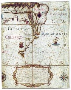 Mapa da América do Sul, em Universa ac Navigabilis Totius Terrarum Orbis Descriptio 1559 (manuscrito a cores) de André Homem