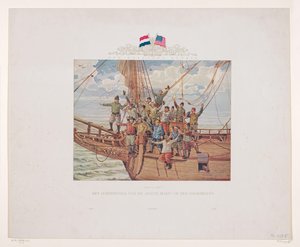 Navio de Henry Hudson, o Halve Maen, aproximando-se da costa norte-americana, 1609 Terreno à vista! As pessoas do navio do Halve Maen na proa (título no objeto) de André Vlaanderen