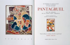 Página de título de "Les horribles et espouvantables faictz et prouesses du tres renomme Pantagruel, Roy des Dipsodes, fils du grand geant Gargantua. Compose nouvellement par Maitre Alcofybras Nasier", de François Rabelais (c.1494-1553) 1943 (xilogravura) de Andre Derain