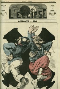 Na realidade, soldado prussiano e francês dançando em frente aos cânones da guerra franco-prussiana. Capa em "L
