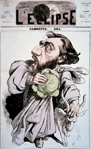 Desenho animado representando Leon Gambetta (1838-1882), um político francês. Desenho de Andre Gill (1840-1885) em "L
