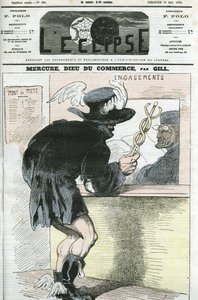 Desenho animado de "Mercúrio, Deus do Comércio". Capa em "L