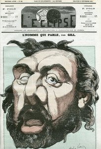 Desenho animado de "o homem que fala", Leon Gambetta (1838-1882), político francês. Capa em "L