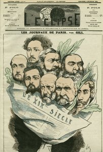 Desenho animado da equipe do jornal "Le XIXe siècle", dirigido por Edmont About (1828-?) , um homem de letras francês. Capa em "L