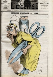 Madame Anastasia com a tesoura da censura Anastasia simboliza a censura da imprensa e das publicações e provavelmente toma seu nome do Papa Anastasius I, que proíbe certos livros que não correspondem à cosmologia cristã. Ilustração de André