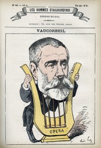 Retrato de Auguste Emmanuel Vaucorbeil (1821-1884), compositor francês e diretor da Ópera de Paris. Desenho animado de Gill, Paris. de Andre Gill