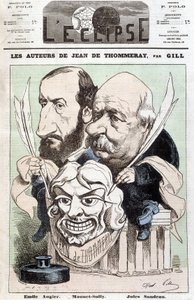 Retrato de Emile AUGIER (1820-1889) e Jules SANDEAU (1811-1883), autores da peça intitulada "Jean de Pommeray", segurando uma máscara que retrata o rosto do comediante Mounet-Sully (Jean Sully Mounet, Mounet Sully de Andre Gill