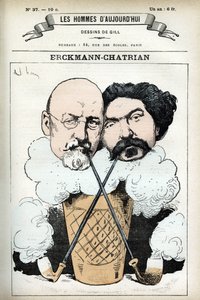 Retrato de Emile Erckmann (1822-1899) e Alexandre Chatrian (1826-1890), romancistas franceses. Cartoon de Gill, em "Les Homme d
