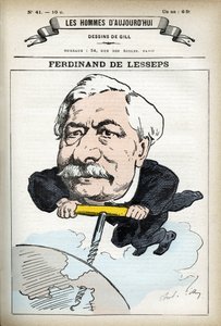 Retrato de Ferninand de Lesseps (1805-1894), diplomata francês. Cartoon de Gill, em "Les Homme d