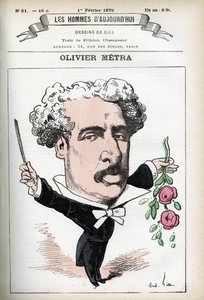 Retrato de Olivier Metra (1830-1889), ator francês, compositor popular. Desenho animado de Gill, em "Les Homme d