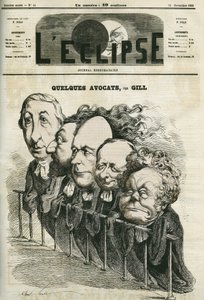 Alguns advogados, Emmanuel Arago (1812-1896), Leon Gambetta (1838-1882), Jules Grevy (1807-1891), Laurier e Adolphe Cremieux (1796-1880). Capa em "L