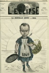 O Ano Novo, ilustração de uma menina segurando um fogão e um cesto de ovos. Capa em "L