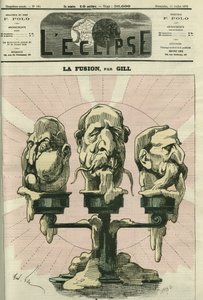 A fusão, uma ilustração da constituição da Assembléia, com realistas, bonapartistas e republicanos. Capa em "L