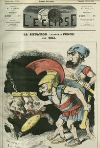 A situação, desenho animado por Adolphe Thiers (1797-1877) e Leon Gambetta (1838-1882) dando um ministério aos cães realistas e bonapartistas. Capa em "L