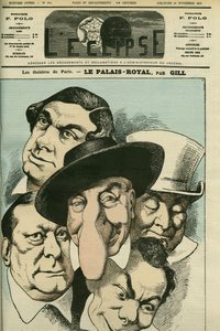 O teatro "Le Palais royal" com Geoffroy, Jules Brasseur (1829-1890), Hyacinthe, Lassouche e Lheritier, atores franceses. Capa em "L