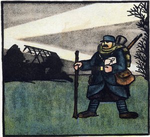 Primeira Guerra Mundial 1914-1918 (14-18): Peludo. Retrato de um soldado do exército francês em uniforme militar com mochila, saco e espingarda. Gravura em "Alfabeto da Grande Guerra 1914-1916 (para os filhos dos nossos soldados)". Edições Berger-Levrault de Andre Helle