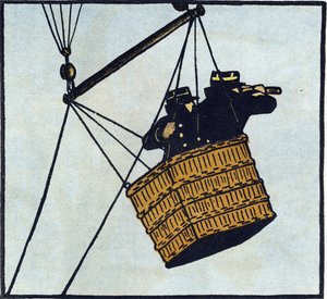 Primeira Guerra Mundial 1914-1918 (14-18): Observadores (posto de observação) do exército francês num balão cativo a tentar detetar o inimigo. Gravura em "Alfabeto da Grande Guerra 1914-1916 (para os filhos dos nossos soldados)". Edições Berger-Levrault de Andre Helle