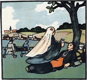 Primeira Guerra Mundial 1914-1918 (14-18): Enfermeira da Cruz Vermelha a cuidar dos soldados até aos campos de batalha. Gravura em "Alfabeto da Grande Guerra 1914-1916 (para os filhos dos nossos soldados)". Edições Berger-Levrault de Andre Helle