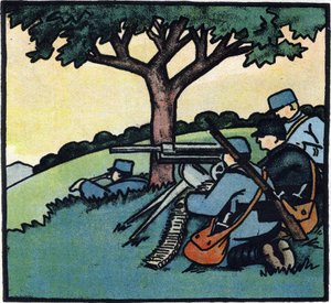 Primeira Guerra Mundial 1914-1918 (14-18): Soldados do exército francês utilizando metralhadoras nos campos de batalha. Gravura em "Alfabeto da Grande Guerra 1914-1916 (para os filhos dos nossos soldados)". Edições Berger-Levrault de Andre Helle