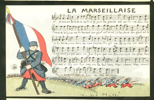 Postal, satírico em cores: La Marseillaise - Guerra de 14 -18, Marselhesa, Ilustração cantada por André Helle (1875-1945) de Andre Helle