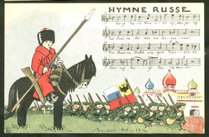 Postal, satírico em cores: Hino Russo - Guerra de 14-18, Rússia, Cantando - Soldados Ilustração de Andre Helle (1875-1945) de Andre Helle