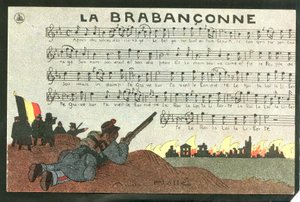 Postal, satírico em cores, cerca de 1915: La brabanconne - Guerra de 14 -18, Bélgica, Canto - Soldados Ilustração de André Helle (1875-1945) de Andre Helle