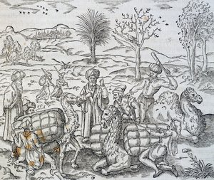 Mercadores árabes na Síria, gravura da Cosmologia Universal, de Andre Thevet (1504-1592) de Andre Thevet