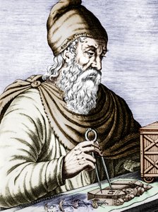 Arquimedes (287-212 a.C.), físico e matemático grego siciliano, gravura em metal colorido de Andre Thevet