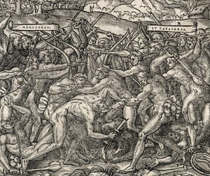 Batalha entre as tribos Margageaz e Tabajares, gravura da Cosmologia Universal, de Andre Thevet (1504-1592) de Andre Thevet