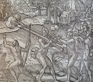 Batalha entre nativos no Canadá, gravura da Cosmographie Universelle, de Andre Thevet, Paris 1575 de Andre Thevet