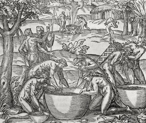 Cap de Frie, mulheres preparando alimentos, gravura, América do Sul de Andre Thevet