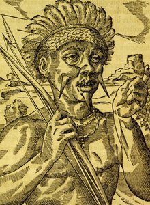 Chefe da tribo dos canibais, gravura da Cosmologia Universal, de Andre Thevet (1504-1592), Paris de Andre Thevet